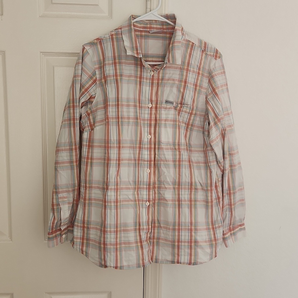 Columbia Womans XXL Orange & Blue Plaid Long Sleeved Top